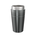 KeepCup Helix Stainless Steel Base in Nitro, L 16oz size, shown from a front angle against a plain background. The dark grey brushed stainless steel cup features the embossed KeepCup logo and a silver screw-thread collar at the top.
