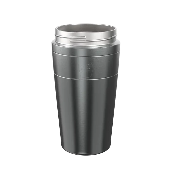KeepCup Helix Stainless Steel Base in Nitro, L 16oz size, shown from a front angle against a plain background. The dark grey brushed stainless steel cup features the embossed KeepCup logo and a silver screw-thread collar at the top.