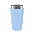 KeepCup Helix Stainless Steel Cup Base in light blue, shown from a front angle against a white background, featuring an embossed KeepCup logo on the band and a stainless steel rim at the top.
