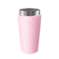 KeepCup Helix Stainless Steel Cup Base in soft pink, shown at a slight angle against a white background, featuring the embossed KeepCup logo and a stainless steel rim with drinking slot.