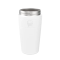 KeepCup Helix Stainless Steel Base in White, L 16oz, shown at a front angle against a plain background, featuring the embossed KeepCup logo on the band and a stainless steel rim.