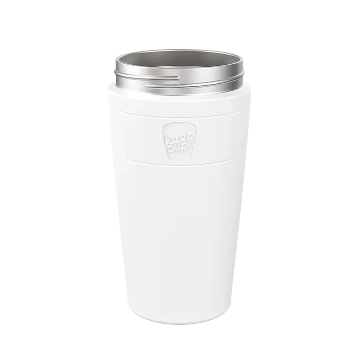KeepCup Helix Stainless Steel Base in White, L 16oz, shown at a front angle against a plain background, featuring the embossed KeepCup logo on the band and a stainless steel rim.