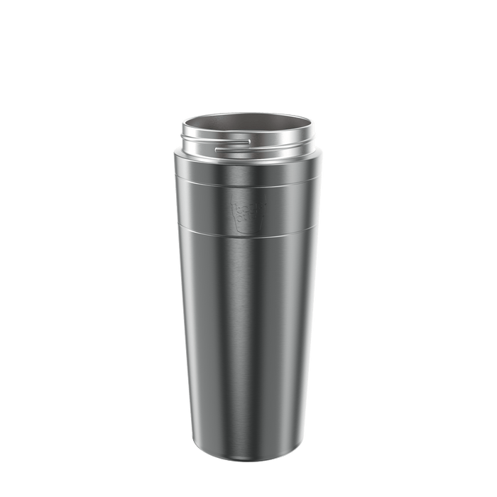 Helix Stainless Steel Cup Base in a brushed gunmetal finish, shown at a slight angle against a white background, displaying the tapered body, subtle KeepCup logo and threaded rim for lid attachment.
