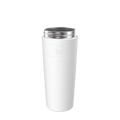 White Helix Stainless Steel Cup Base shown upright against a plain white background, featuring an embossed KeepCup logo on the outer sleeve and a stainless steel rim at the top.