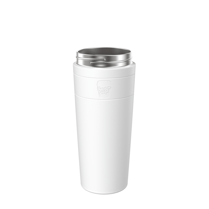 White Helix Stainless Steel Cup Base shown upright against a plain white background, featuring an embossed KeepCup logo on the outer sleeve and a stainless steel rim at the top.