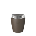 KeepCup Helix Stainless Steel Base in Chocolate colour, size S 8oz, shown from a front angle against a white background, featuring the embossed KeepCup logo and silver stainless steel rim threading.