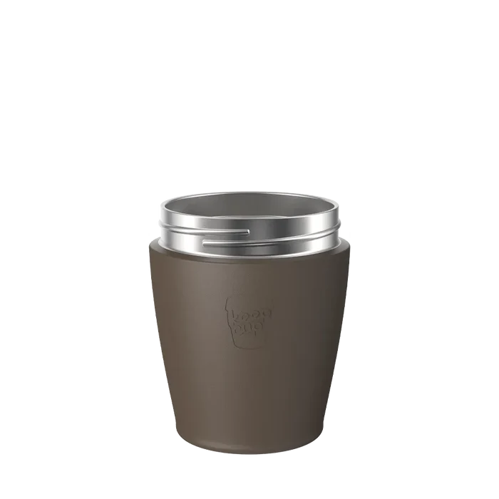 KeepCup Helix Stainless Steel Base in Chocolate colour, size S 8oz, shown from a front angle against a white background, featuring the embossed KeepCup logo and silver stainless steel rim threading.