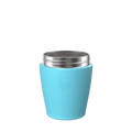 KeepCup Helix Stainless Steel Base in Cloud, a light blue silicone-wrapped stainless steel reusable cup shown from a front angle without its lid, displaying the embossed KeepCup logo on the exterior.