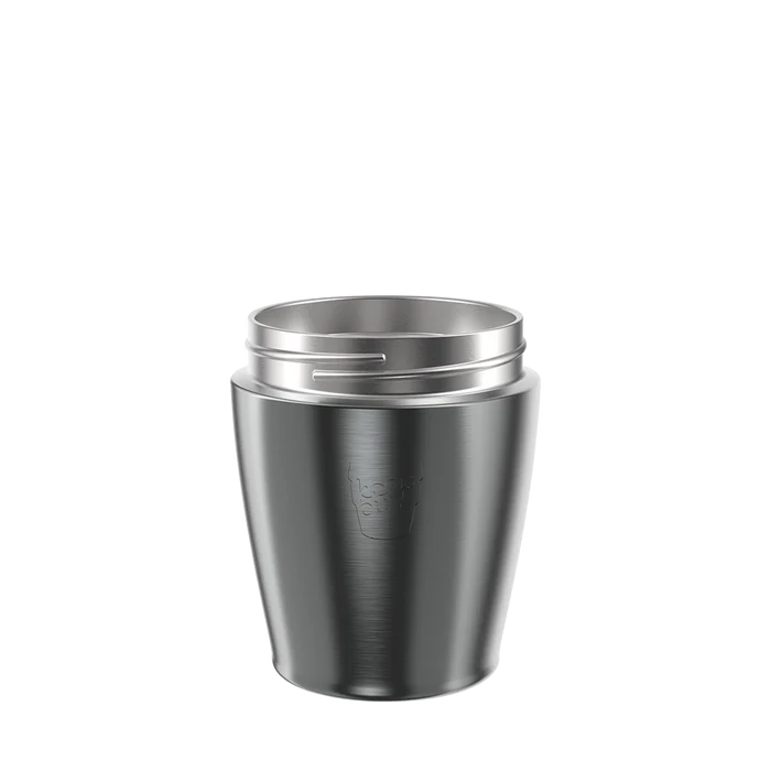 KeepCup Helix Stainless Steel Base in Nitro, a dark gunmetal grey S 8oz cup with brushed finish and embossed logo, shown at a slight angle against a white background.