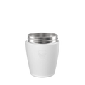 KeepCup Helix Stainless Steel Base in White, S 8oz size, shown from a front angle against a plain white background, featuring the embossed KeepCup logo and silver stainless steel rim threading visible at the top.