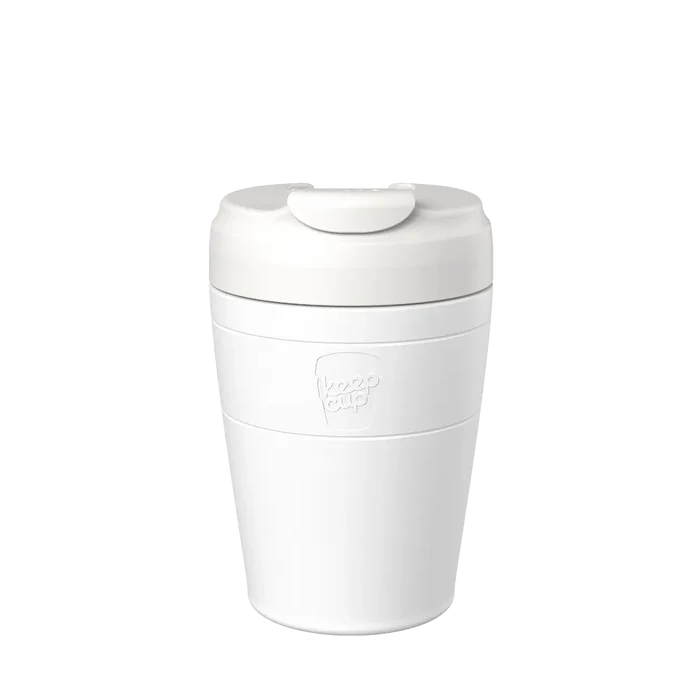 KeepCup Commuter M 12oz in Bone White, shown in a front-facing product shot against a plain white background, displaying the cup's clean minimalist design with matching lid and embossed logo.
