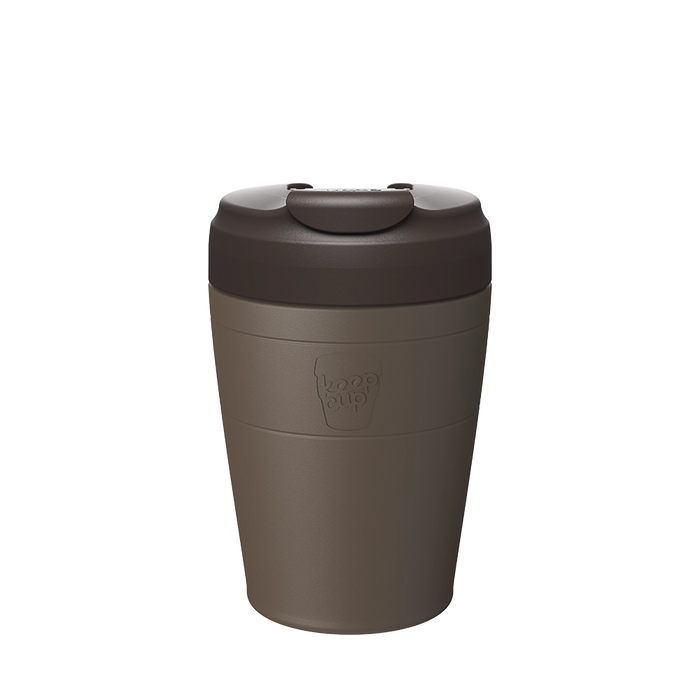 KeepCup Commuter M 12oz in Chocolate, featuring a taupe-brown double-walled cup body with embossed KeepCup logo and dark brown lid with sipper closure, shown against a plain white background.