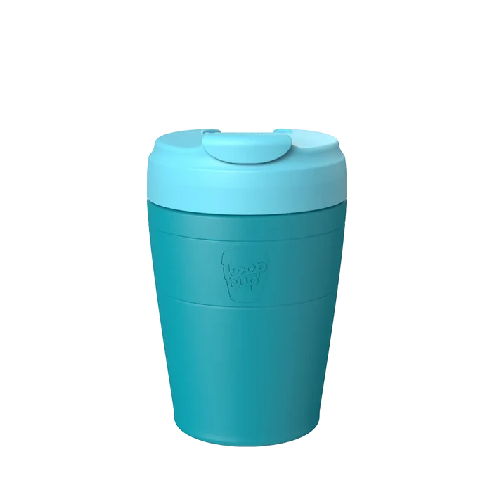 KeepCup Commuter M 12oz in Eden Cloud, a teal and light blue reusable coffee cup shown from the front against a white background, featuring the embossed KeepCup logo and a secure sipper lid.