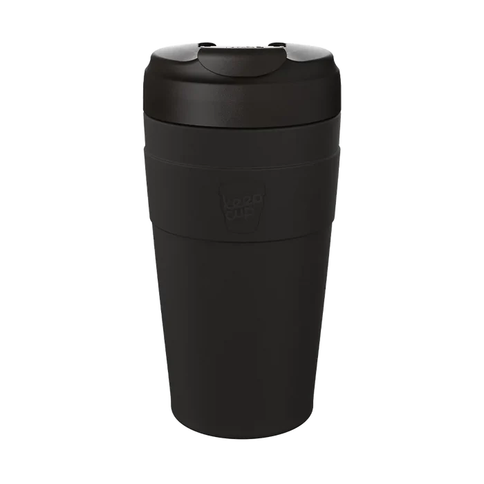 KeepCup Commuter L 16oz in Black, shown in a front-facing product shot against a neutral background, featuring a matte black reusable cup with matching lid and flip-top drinking spout.