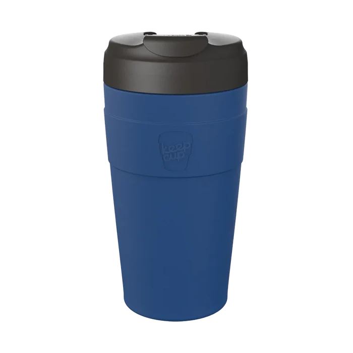 KeepCup Commuter L 16oz in Cobalt Black, featuring a deep blue reusable cup and black lid, shown against a plain light grey background.