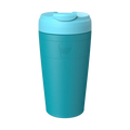 KeepCup Commuter L 16oz in Eden Cloud, a teal reusable coffee cup with light blue lid featuring a flip-top closure, shown straight-on against a plain white background with the KeepCup logo embossed on the cup body.