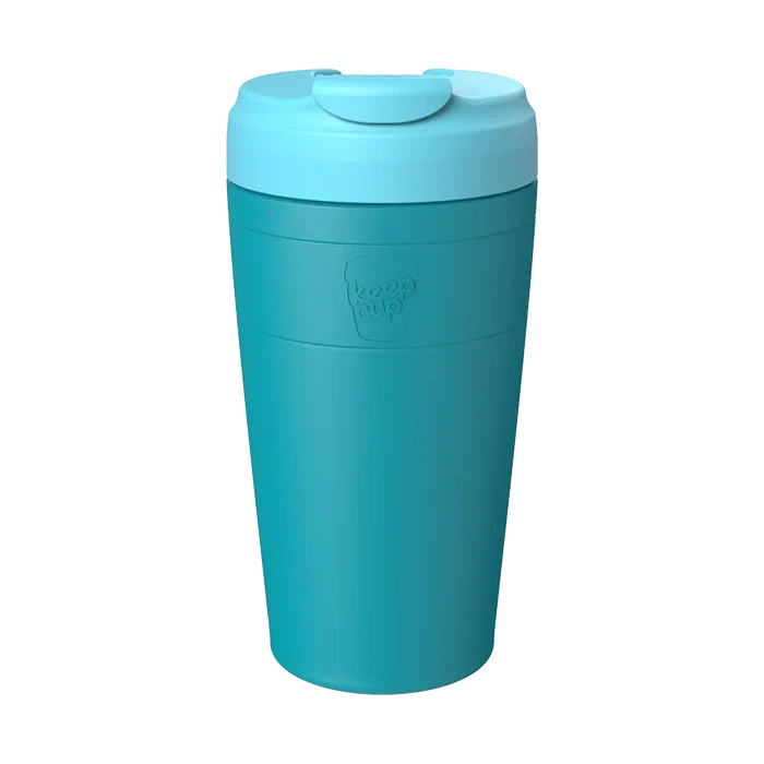 KeepCup Commuter L 16oz in Eden Cloud, a teal reusable coffee cup with light blue lid featuring a flip-top closure, shown straight-on against a plain white background with the KeepCup logo embossed on the cup body.