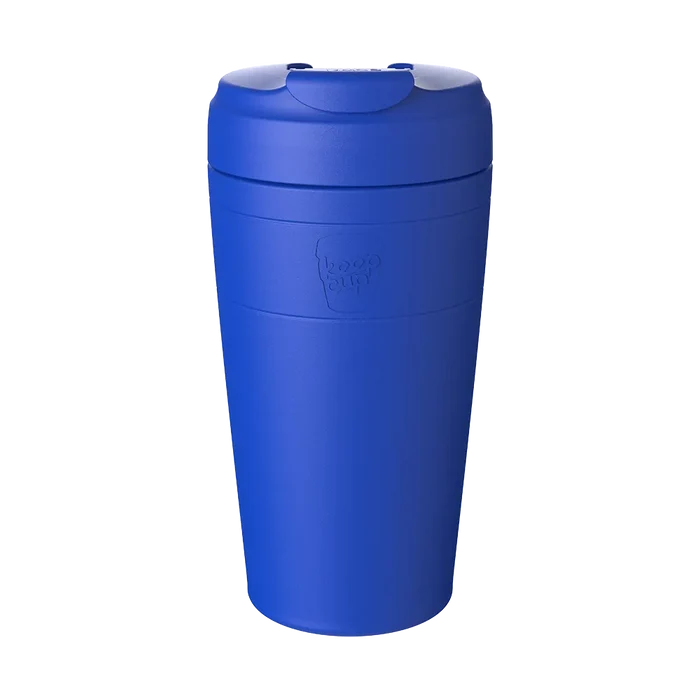 KeepCup Commuter L 16oz in Electric Blue, shown in a front-facing product shot against a neutral background, featuring a matte blue finish with the KeepCup logo embossed on the body and a matching press-fit lid with sipper opening.