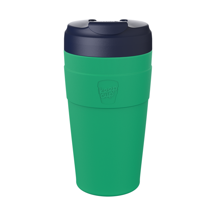 KeepCup Commuter L 16oz in Emerald Ink, featuring a green reusable cup body and dark navy lid, shown against a plain white background.