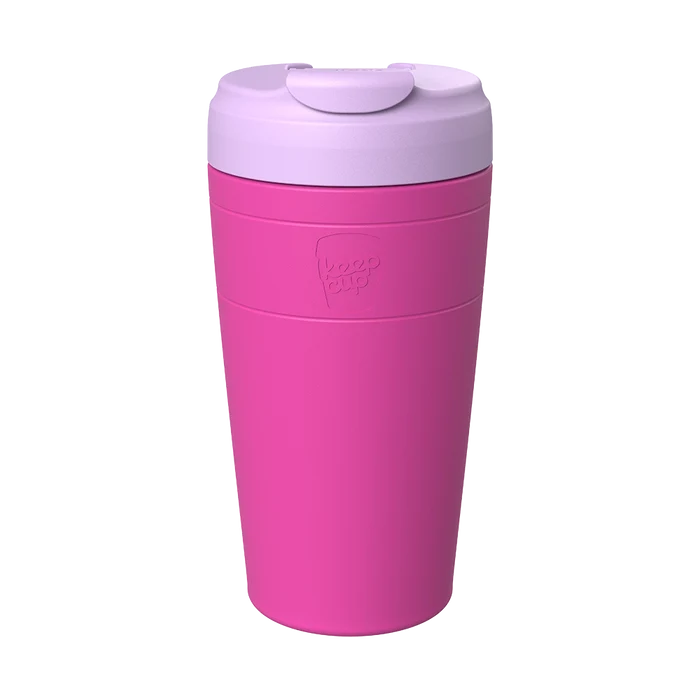 KeepCup Commuter L 16oz in Fuchsia Lilac, featuring a bright pink reusable cup body with a lilac lid and flip-top closure, shown against a plain white background.