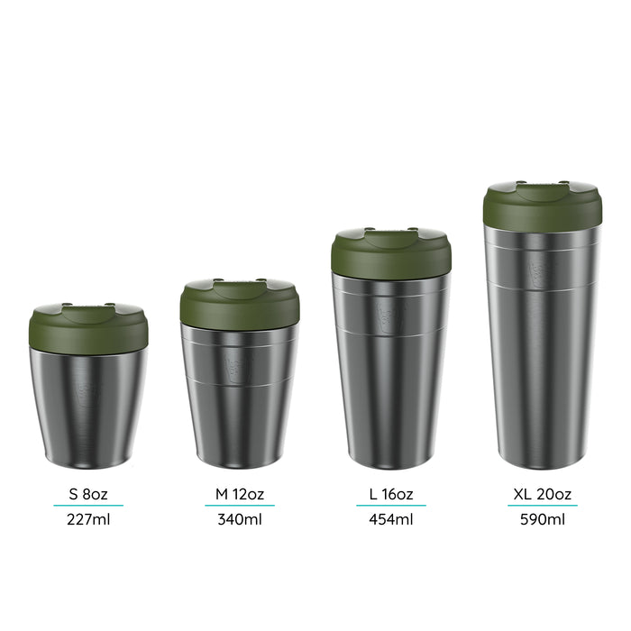 Set of four Commuter Cups labeled with its sizes S 8oz, M 12oz, L 16oz, XL 20oz