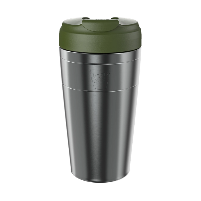 KeepCup Commuter L 16oz in Nitro Pine, featuring a brushed stainless steel body with pine green lid, shown in a straight-on product shot against a white background.
