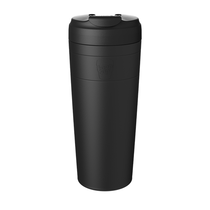 KeepCup Commuter XL 20oz in Black, shown in a studio product shot against a white background, featuring the matte black insulated body with embossed logo and flip-top lid.