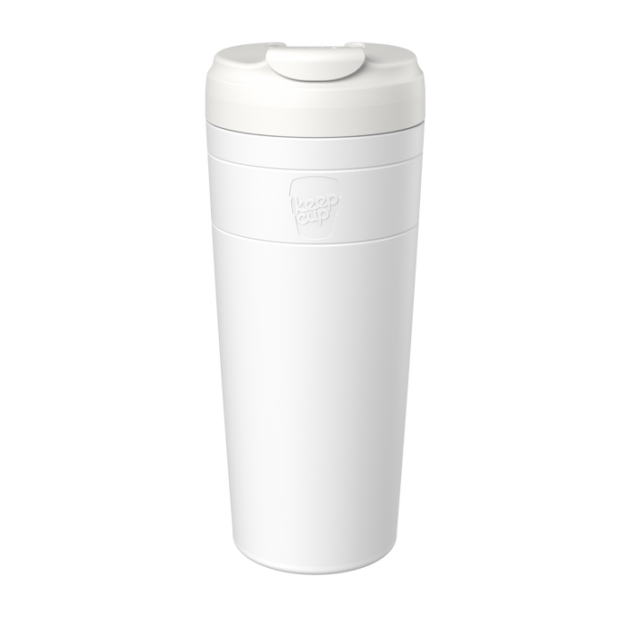 KeepCup Commuter XL 20oz in Bone White, shown in a studio product shot against a plain background, displaying the tall reusable cup with flip-top lid and embossed KeepCup logo on the band.