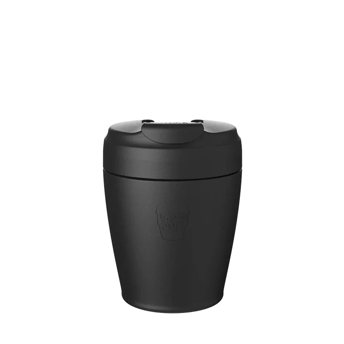 KeepCup Commuter S 8oz in Black, shown in a front-facing product shot against a white background, featuring the signature KeepCup logo embossed on the reusable cup body with a secure sipper lid.
