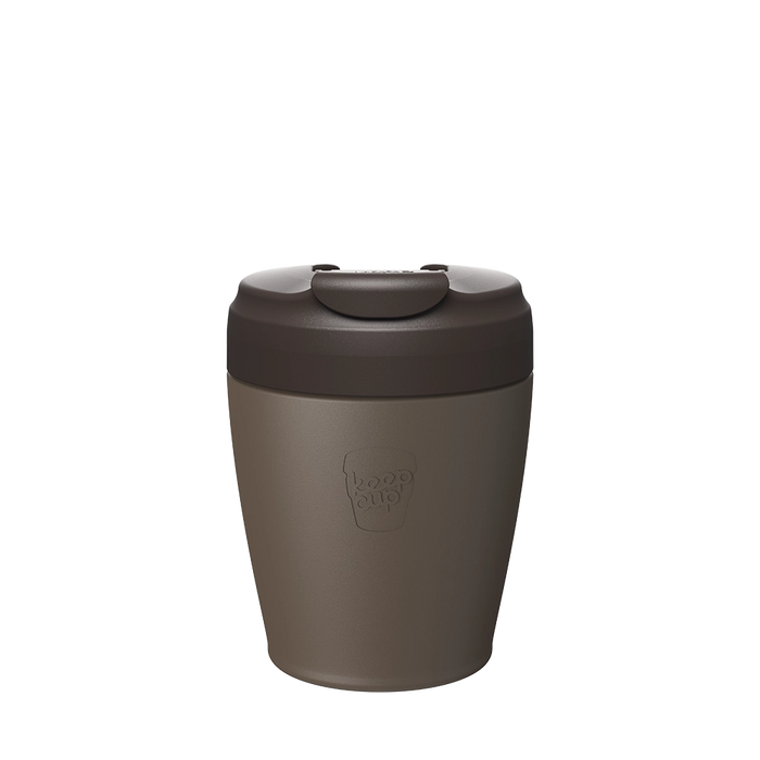 KeepCup Commuter S 8oz in Chocolate, featuring a brown reusable cup body with dark brown flip-top lid closure, shown against a plain white background with the embossed KeepCup logo visible on the front.