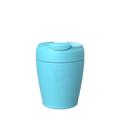 KeepCup Commuter S 8oz in Cloud, a light blue reusable coffee cup with matching lid featuring a flip-top drinking closure, shown against a white background with the embossed KeepCup logo visible on the cup body.