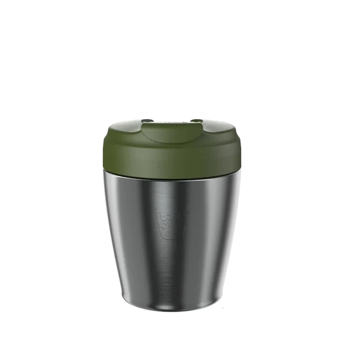 KeepCup Commuter S 8oz in Nitro Pine, featuring a brushed stainless steel body with an pine green lid, shown from a front angle against a white background.