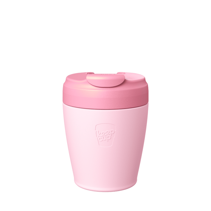 KeepCup Commuter S 8oz in Pashmak Pink, featuring a light pink body with a darker rose-coloured lid and flip-top closure, shown against a white background with the embossed KeepCup logo visible on the cup.