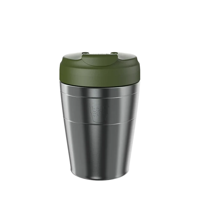 KeepCup Commuter M 12oz in Nitro Pine, featuring a stainless steel body with pine green lid, shown front-on against a white background.