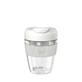 KeepCup Commuter Light M 12oz in Bone, featuring a clear lightweight plastic cup with white lid and light grey silicone band, shown against a plain white background.