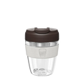 KeepCup Commuter Light M 12oz in Chocolate, featuring a clear lightweight plastic cup with a dark brown plastic lid and light grey band displaying the KeepCup logo, shown against a plain white background.