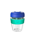 KeepCup Commuter Light M 12oz in Electric Frost, featuring a clear lightweight plastic cup with turquoise silicone band and navy blue lid with sipper closure, shown against a white background.