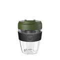KeepCup Commuter Light M 12oz in Pine, featuring a clear lightweight plastic cup with olive green lid and charcoal grey silicone band, shown against a white background.