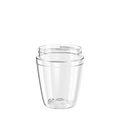 Clear transparent Helix Light Plastic Base in M 12oz size, shown from a slightly elevated angle against a white background, displaying the tapered cup shape with threaded rim and embossed recycling markings on the base.