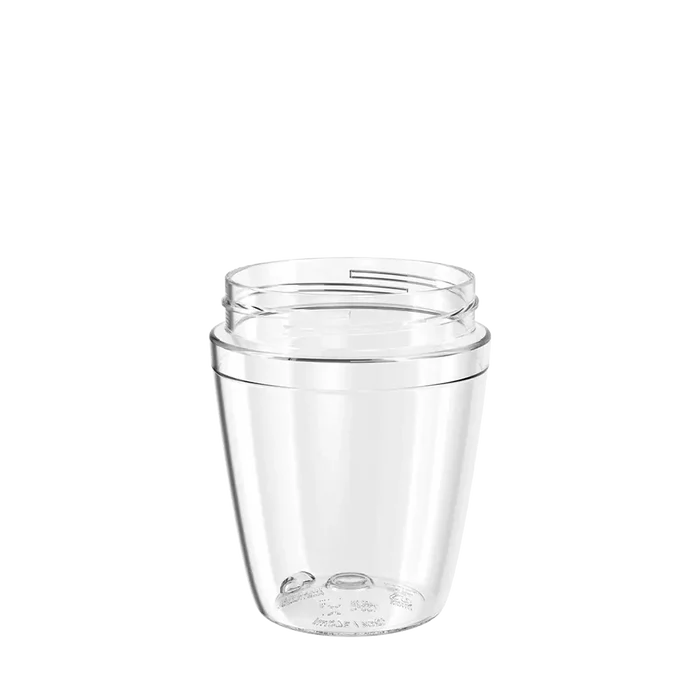 Clear transparent Helix Light Plastic Base in M 12oz size, shown from a slightly elevated angle against a white background, displaying the tapered cup shape with threaded rim and embossed recycling markings on the base.
