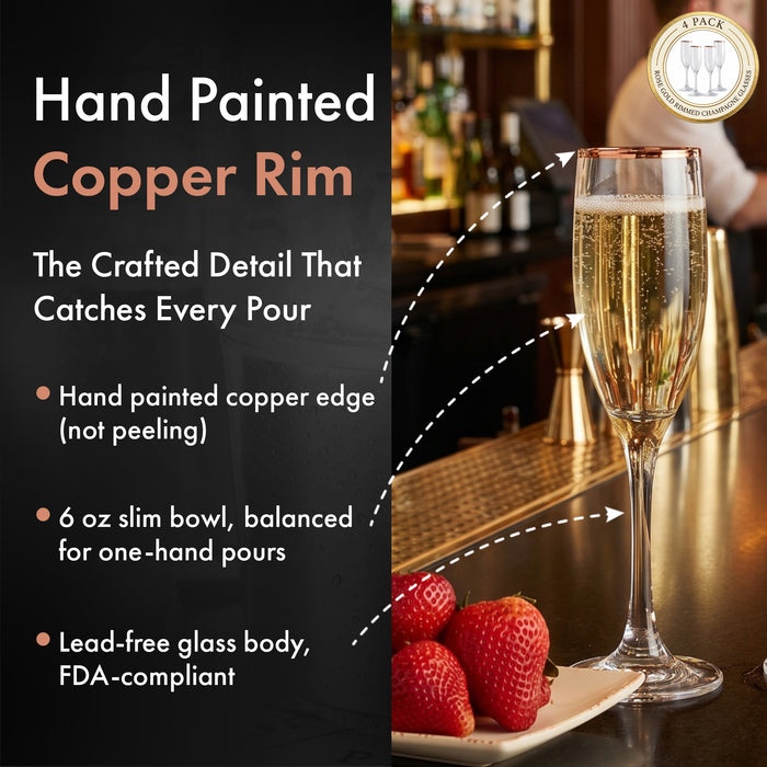Copper Rimmed Champagne Flute - Set of Four