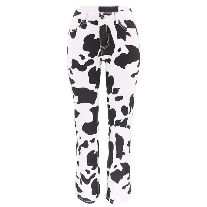 Cow Pattern High Waist Straight Jeans Women