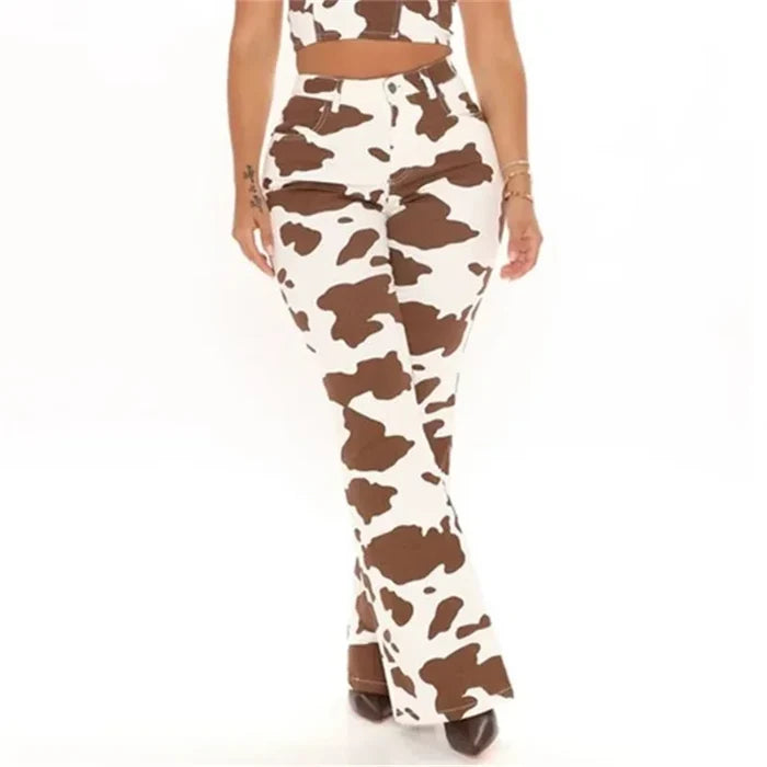 Cow Pattern High Waist Straight Jeans Women