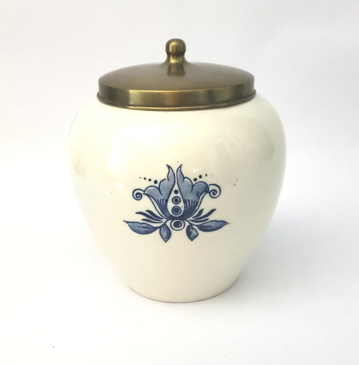Delft Blue Glazed Ceramic Tobacco Storage Jar with Brass Lid Amphora
