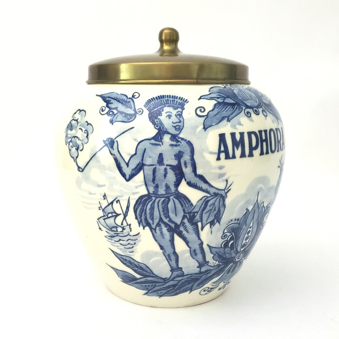 Delft Blue Glazed Ceramic Tobacco Storage Jar with Brass Lid Amphora