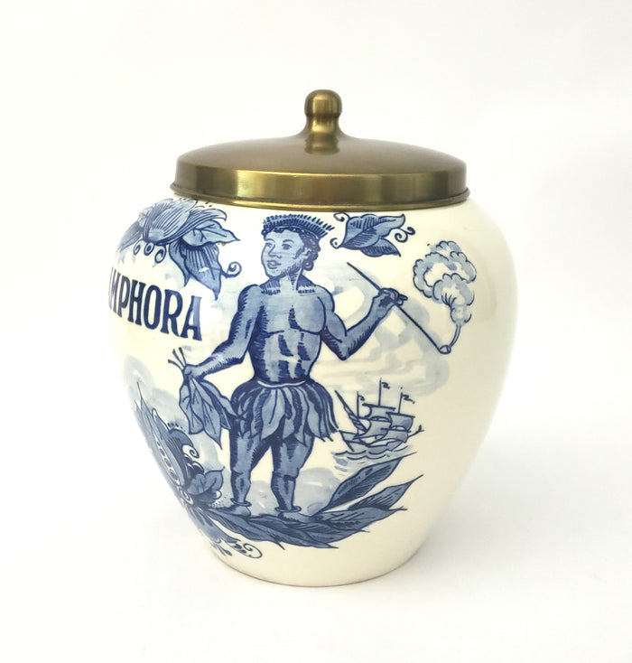 Delft Blue Glazed Ceramic Tobacco Storage Jar with Brass Lid Amphora