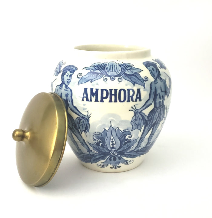 Delft Blue Glazed Ceramic Tobacco Storage Jar with Brass Lid Amphora