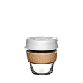 Design Your Own Brew Cork XS 6oz reusable coffee cup featuring a clear tempered glass base, natural cork band, and white lid, shown against a plain white background in a front-facing product shot.