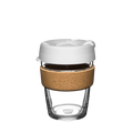 KeepCup Brew Cork M 12oz in white, shown on a plain background. The reusable glass cup features a white lid with a sip opening, a natural cork band for insulation, and clear tempered glass body.