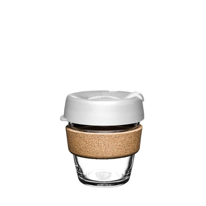 Design Your Own Brew Cork XS 6oz reusable coffee cup featuring a clear tempered glass base, natural cork band, and white lid, shown against a plain white background in a front-facing product shot.